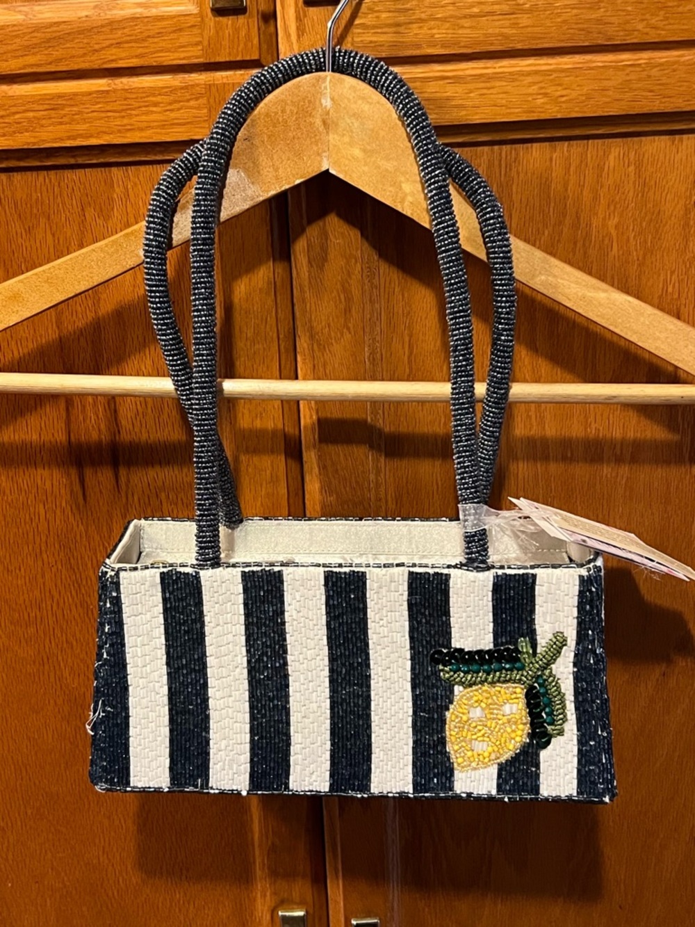 Made In India Blue & White Striped With Lemon Small Size Beaded Purse NWT